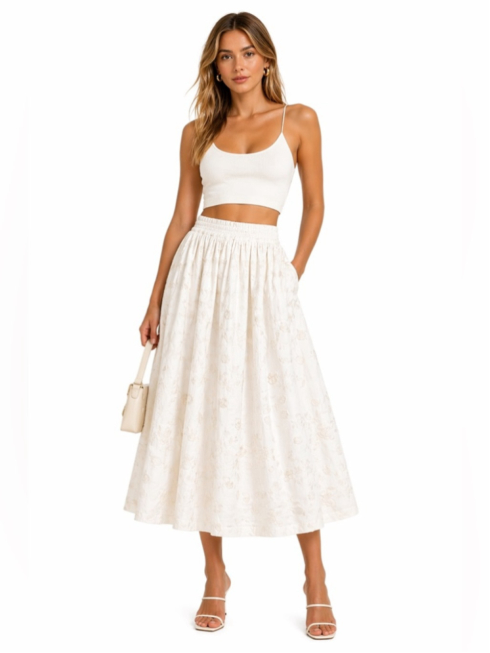 Wanger Ivory Embroidered Full Midi Skirt Size Large High Waist Floral Textured
